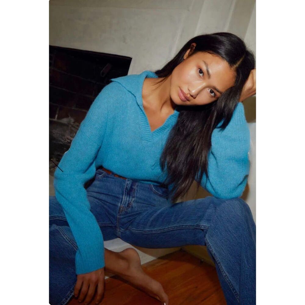 NATION LTD Georgie Polo Sweater Cornflower Blue, Baby Alpaca Merino Wool, Sz XS